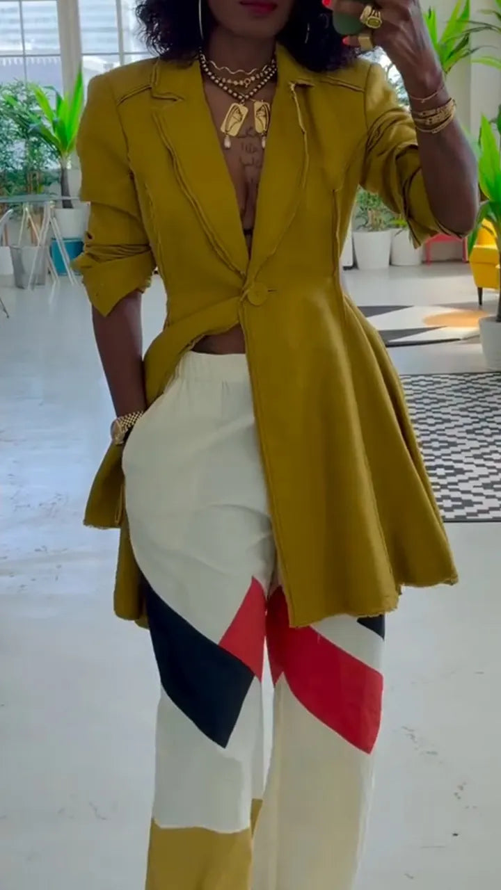 Women Collar Patchwork Jacket + Contrasting Pants