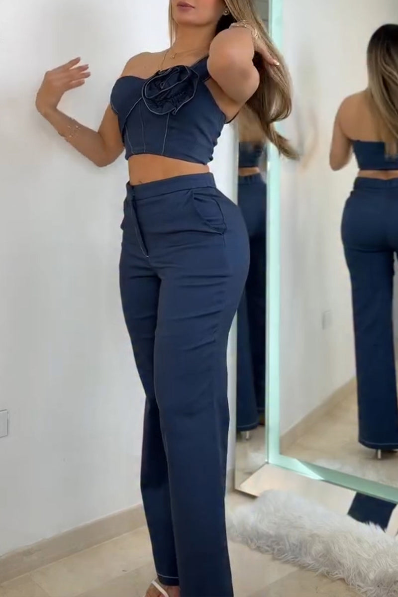 Women's Elegant One Shoulder 3D Floral Vest or Pants