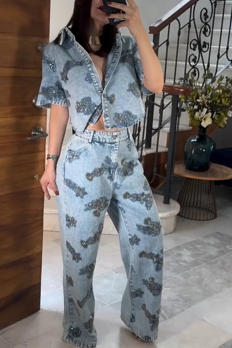 Women's Fashion Rhinestone Beads Loose Denim Top or Wide Leg Jeans