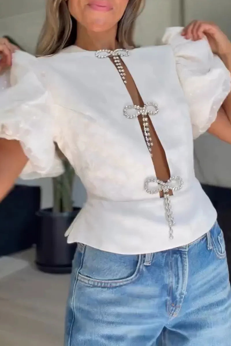 Women's Elegant Rhinestone Bow Puff Sleeve Top