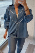 Women's Lapel Nail Beads Casual Denim Shirt