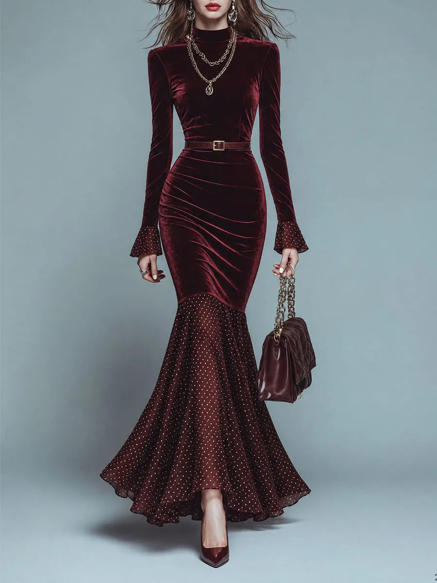 Elegant Burgundy Velvet Mermaid Maxi Dress with Polka Dot Flounce Hem