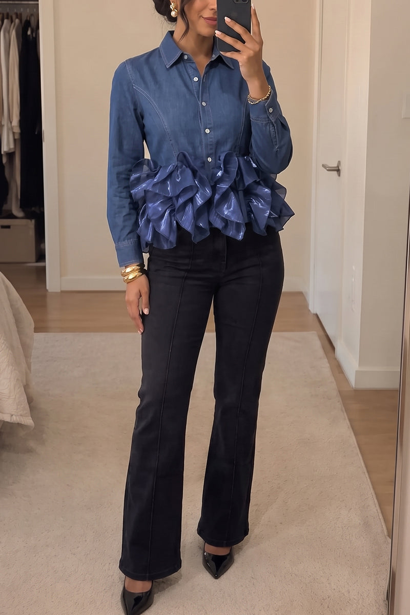 Women's Chic Button Down Denim Ruffle Hem Blue Shirt