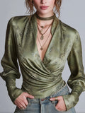 Olive Green Snakeskin Print Satin Long Blouson Sleeves Wrap Blouse with Ruched Front