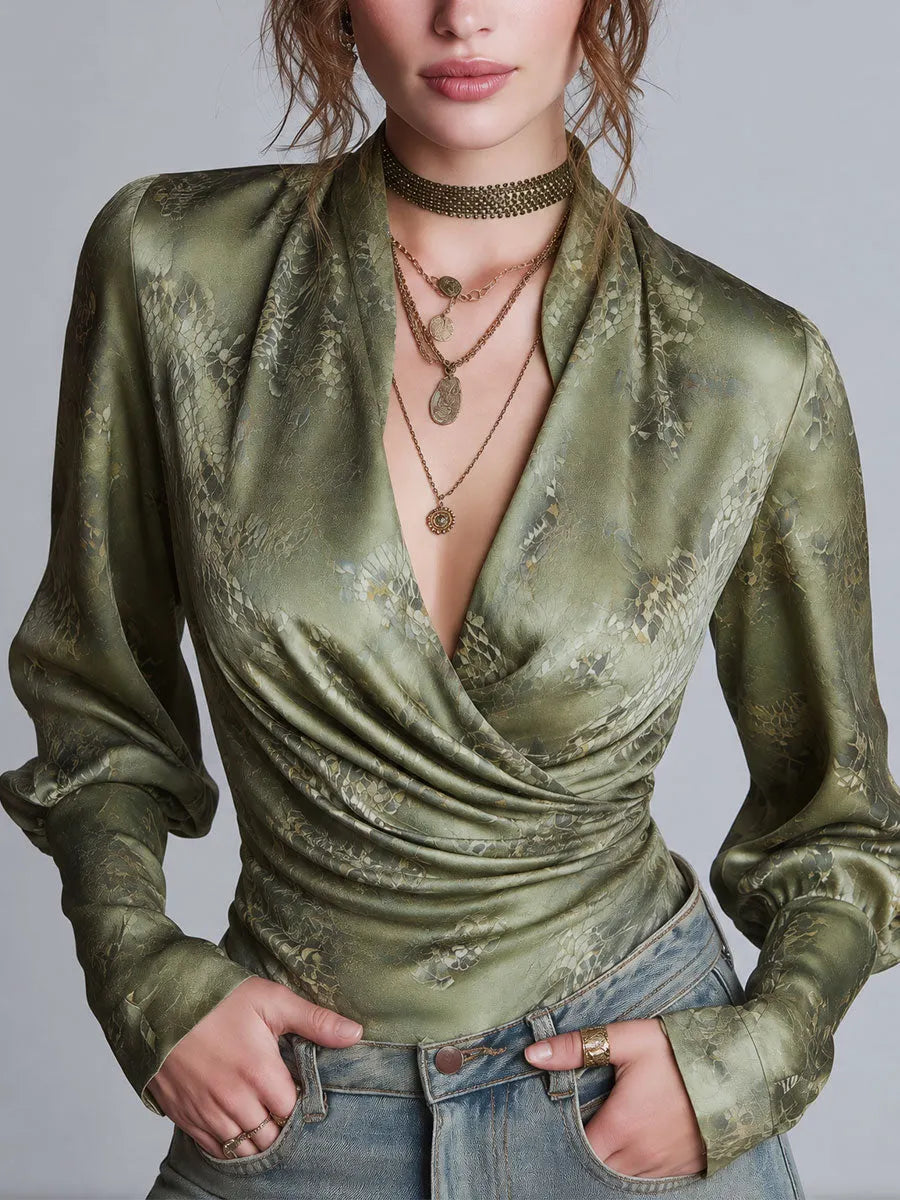 Olive Green Snakeskin Print Satin Long Blouson Sleeves Wrap Blouse with Ruched Front