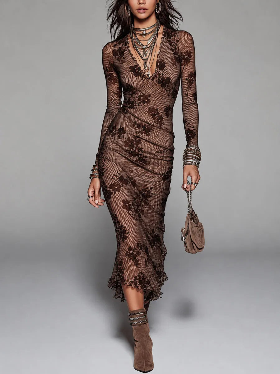Brown Floral And Plaid Long Sleeve Mesh Midi Dress