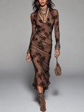 Brown Floral And Plaid Long Sleeve Mesh Midi Dress