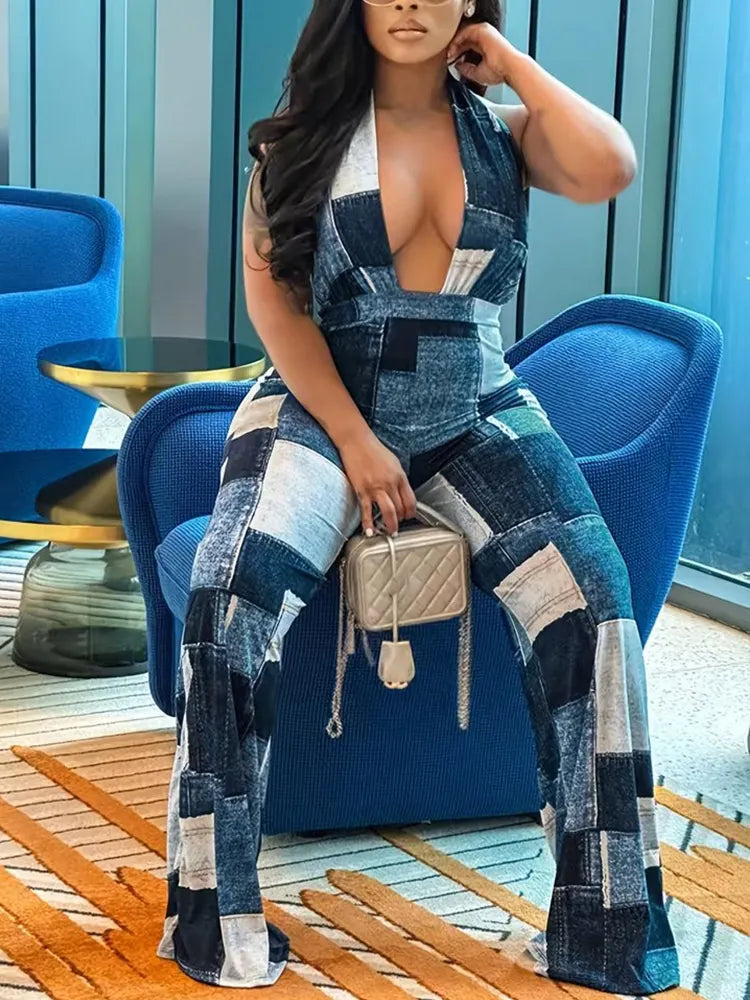 Women Halter-neck Patch Casual Denim Jumpsuit
