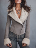 Women's Grey Cropped Asymmetric Zip Moto Jacket with Cream Faux Shearling Collar