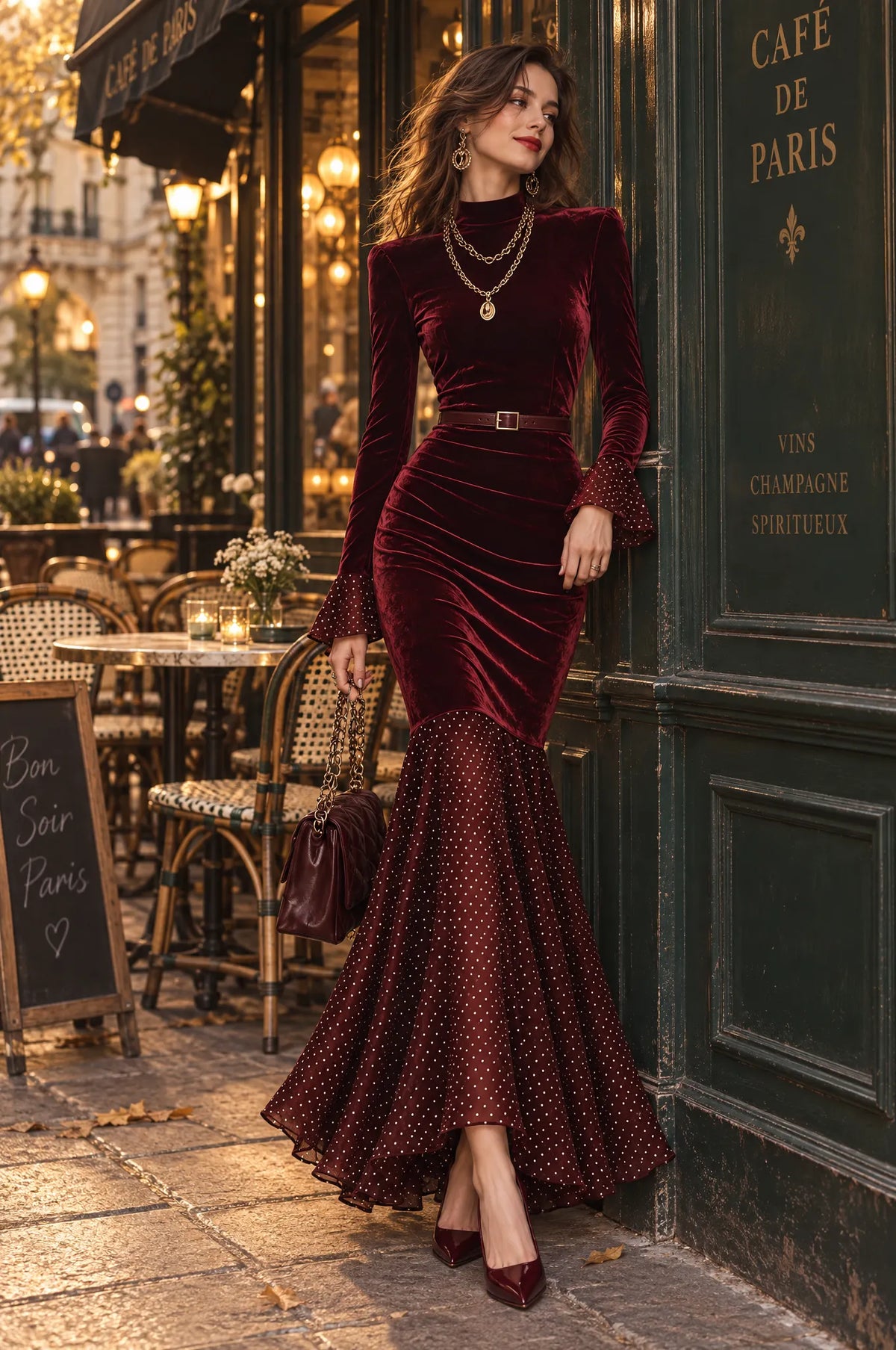 Elegant Burgundy Velvet Mermaid Maxi Dress with Polka Dot Flounce Hem