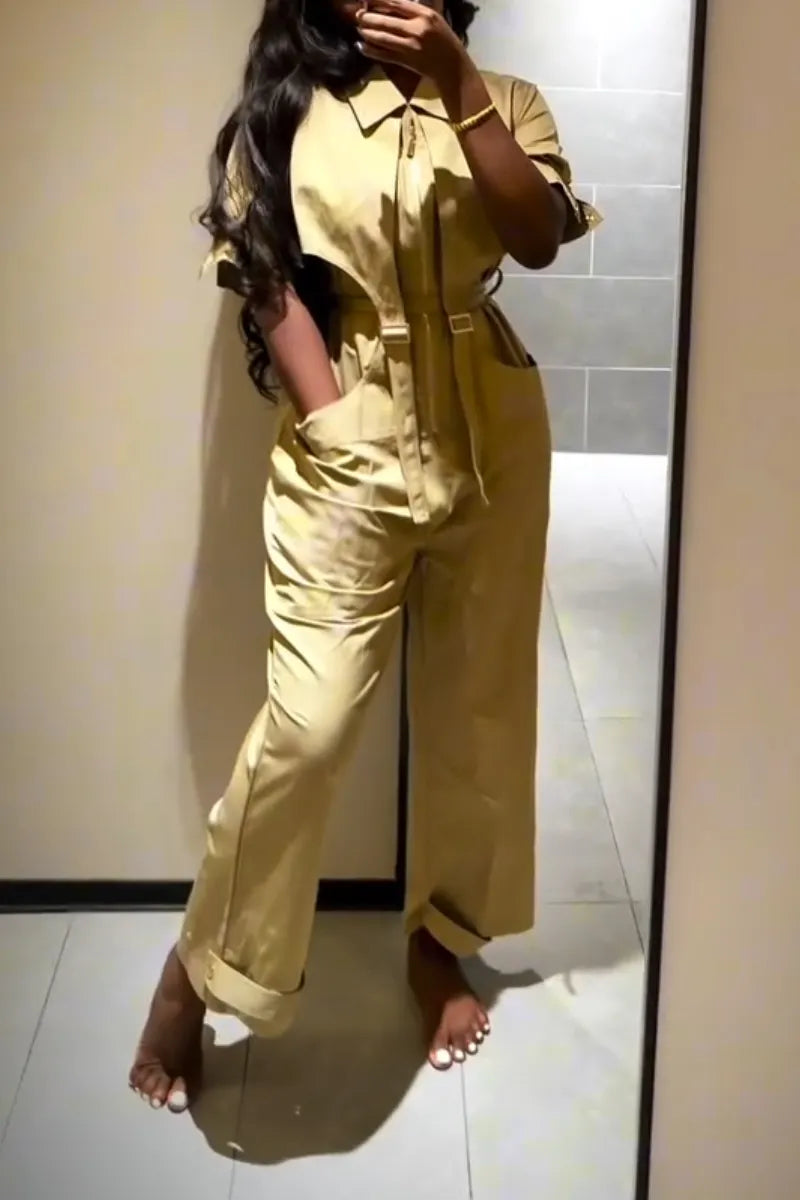 Women Collar Zipper Splicing Casual Jumpsuit