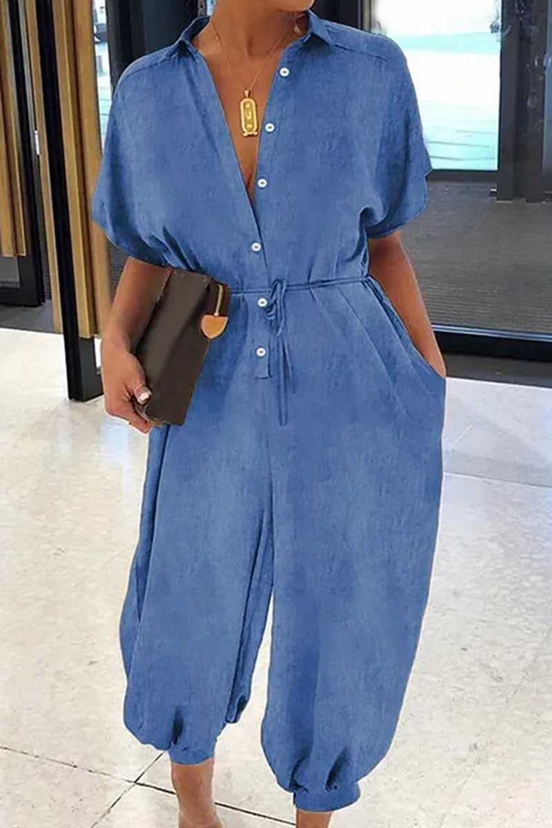 Hot Selling Women's Casual Solid Color Short Sleeved Denim Jumpsuit