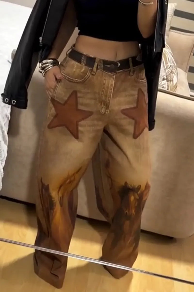 Women Star Animal Printed Casual Wide Leg Jeans