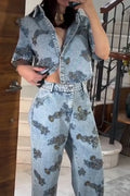 Women's Fashion Rhinestone Beads Loose Denim Top or Wide Leg Jeans