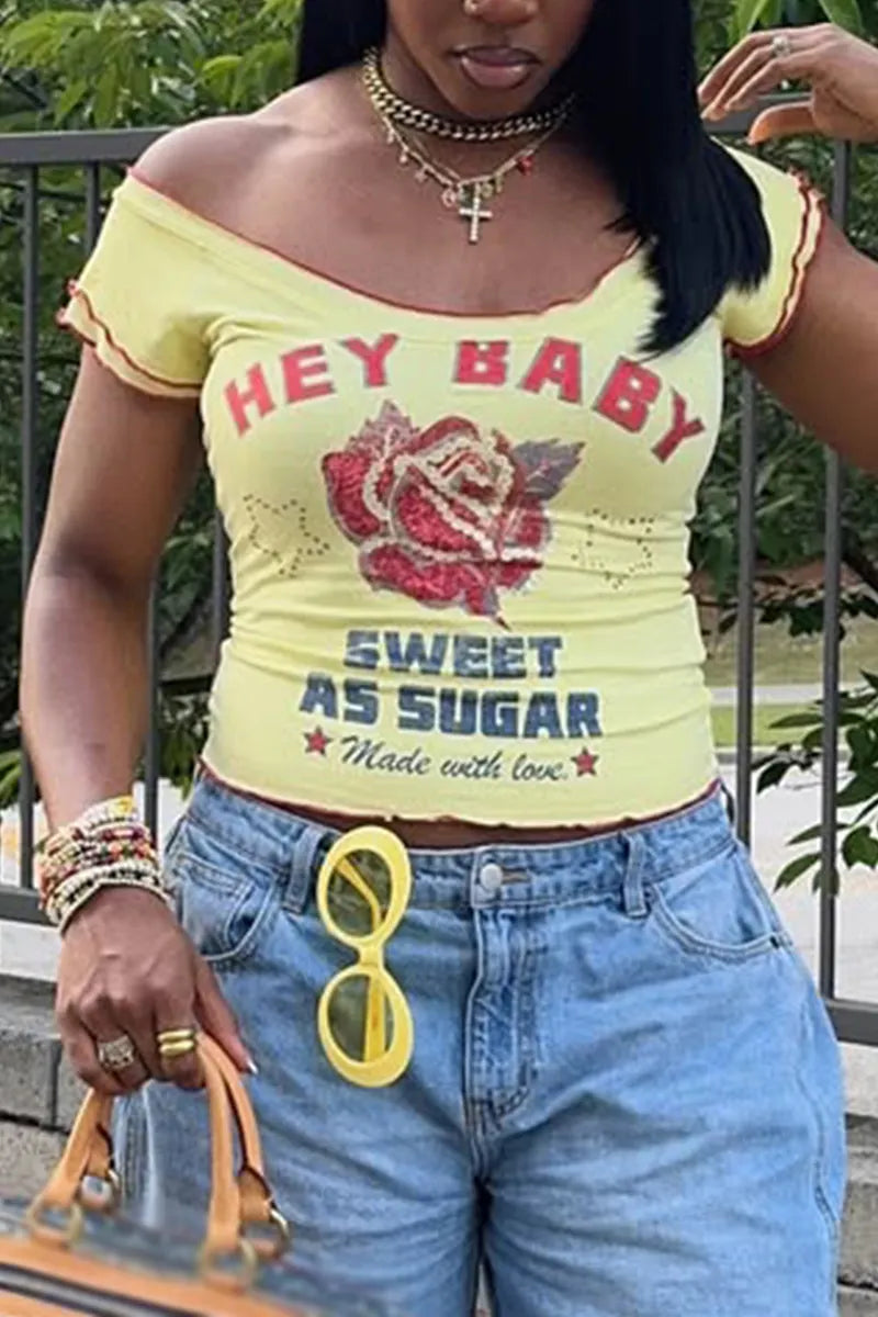 Women Casual U-neck Printed Top or Jeans