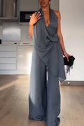 Women Halter-neck Asymmetrical Top and Pants Stylish Casual Set