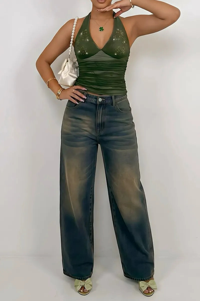 Women Neck Hanging Rhinestone Patterned Top or Washed Wide Leg Jeans