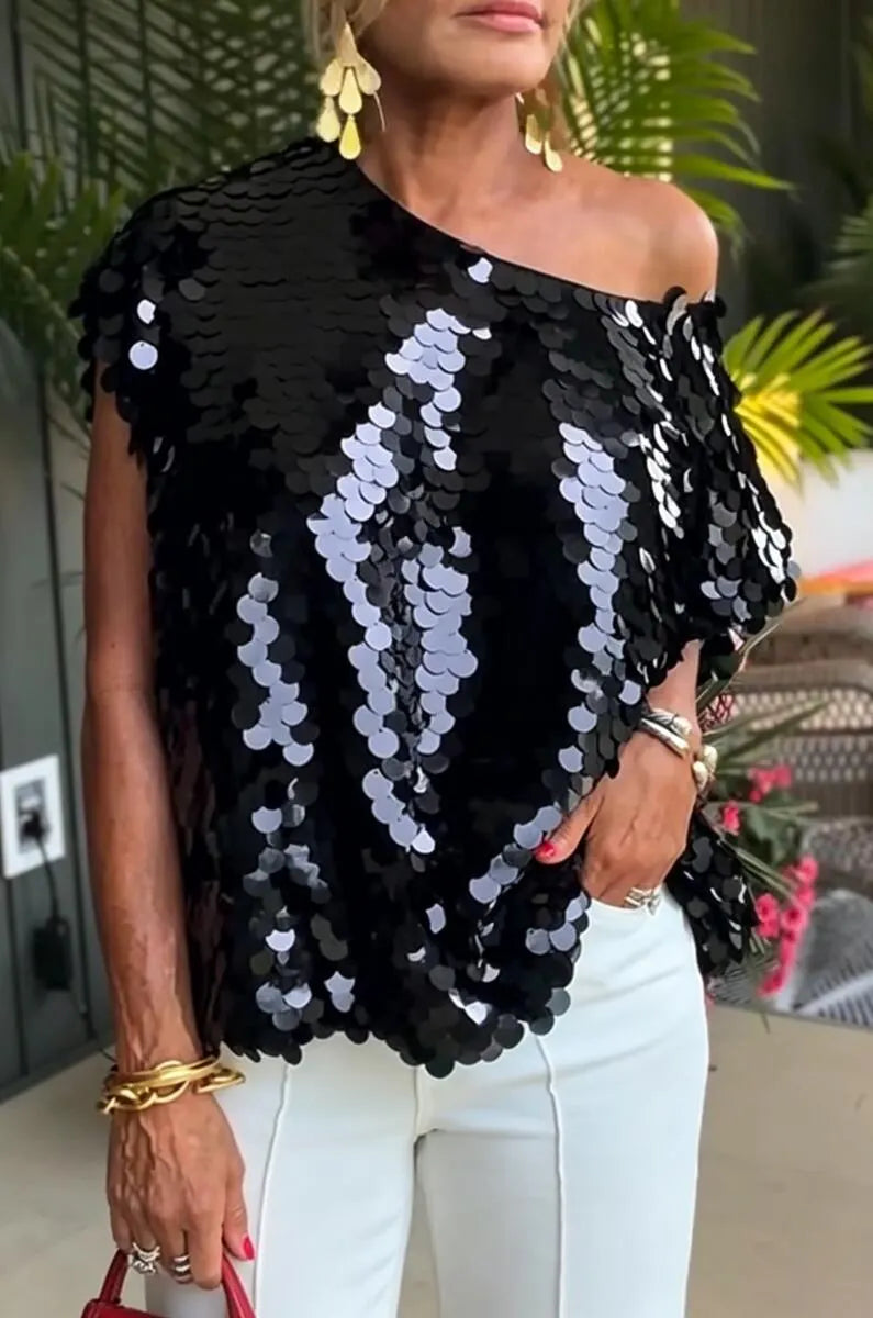 Women's Diagonal Collar Sequin Casual Top