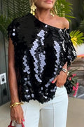 Women's Diagonal Collar Sequin Casual Top
