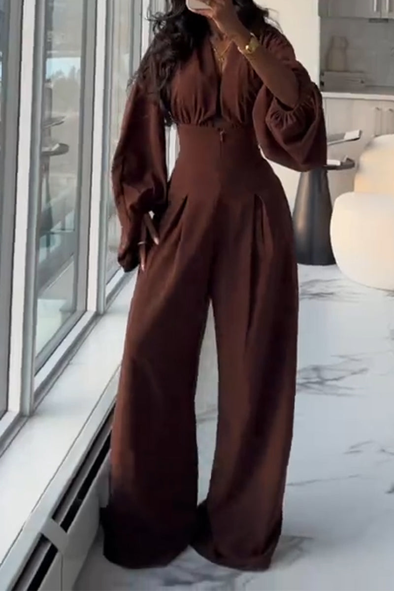 Women Deep V-neck Waist Cinched Solid Color Casual Jumpsuit with Temperament