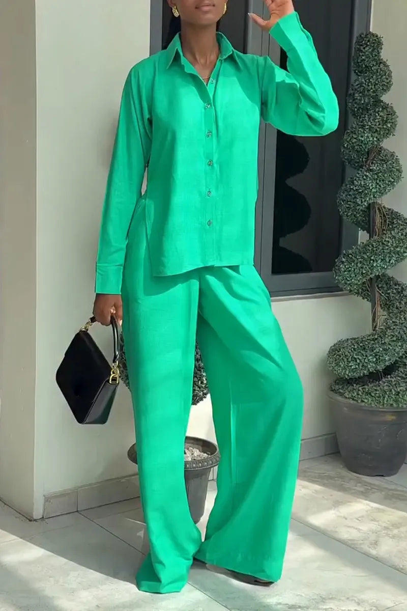 Women Collar Side Slit Shirt + Wide Leg Pants Casual Set