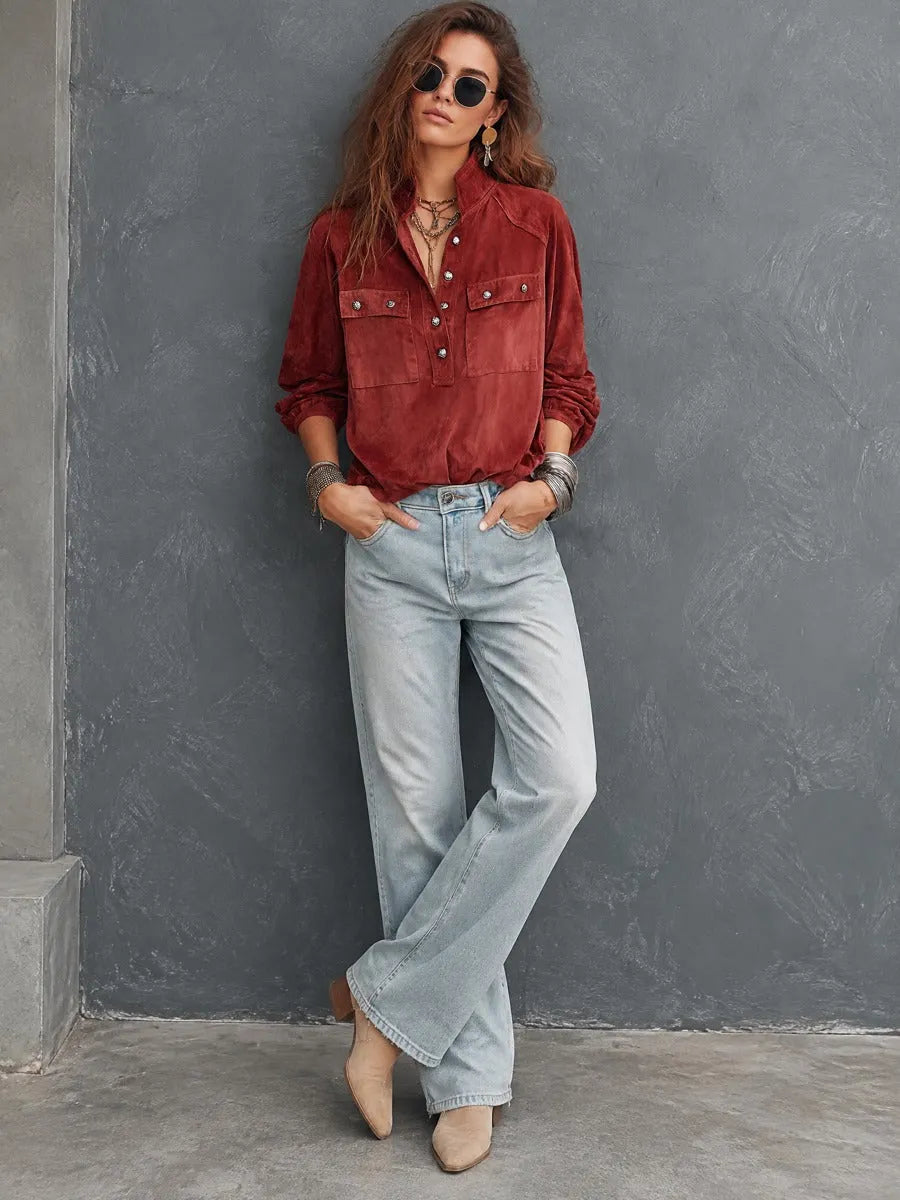 Vintage Stand Collar Half-Button Polyester Suede Pullover Shirt