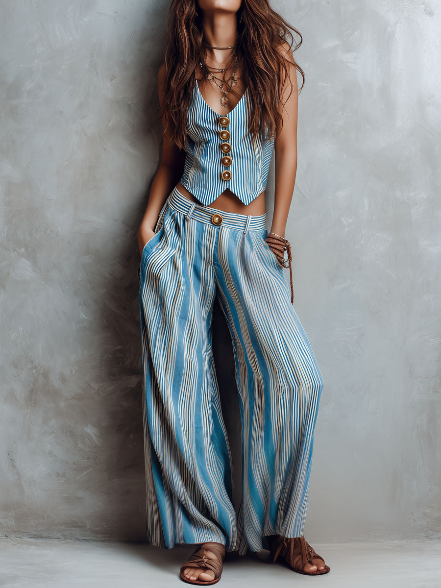 Boho Blue Striped Vest & Wide-Leg Pant Set