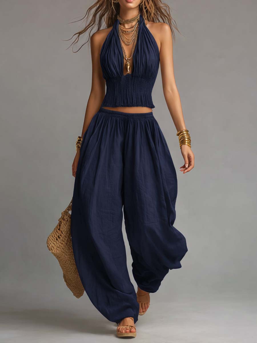 Bohemian Cotton-Linen Halter Smocked Crop Top & Harem Pants Two-Piece Set