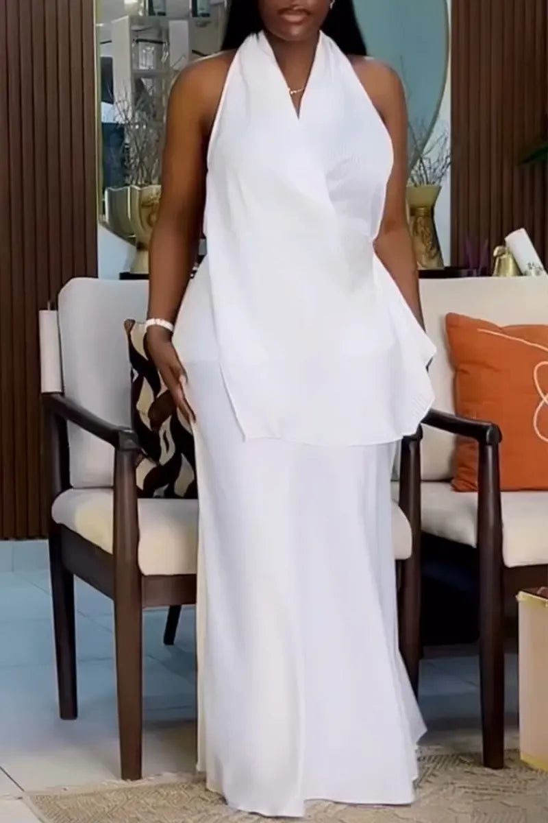 Women's Casual V-Neck Asymmetric Vest Skirt Two-Piece Set