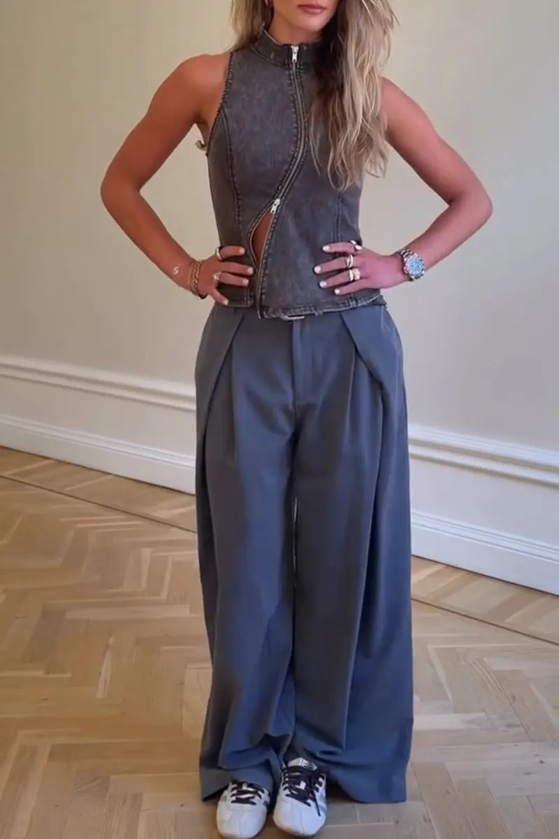 Women Casual Round Neck Sleeveless Zipper Denim Top or Wide Leg Pants