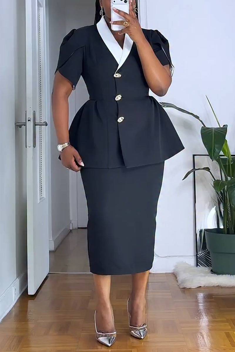 Women's Collar and Waist Cinched Jacket + Half Skirt Temperament Commuting Suit