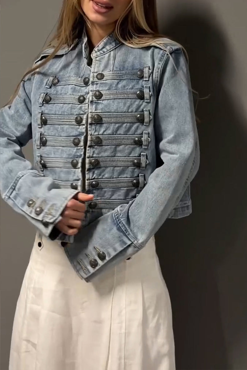 Women's Casual Knot Button Decoration Cropped Denim Jacket