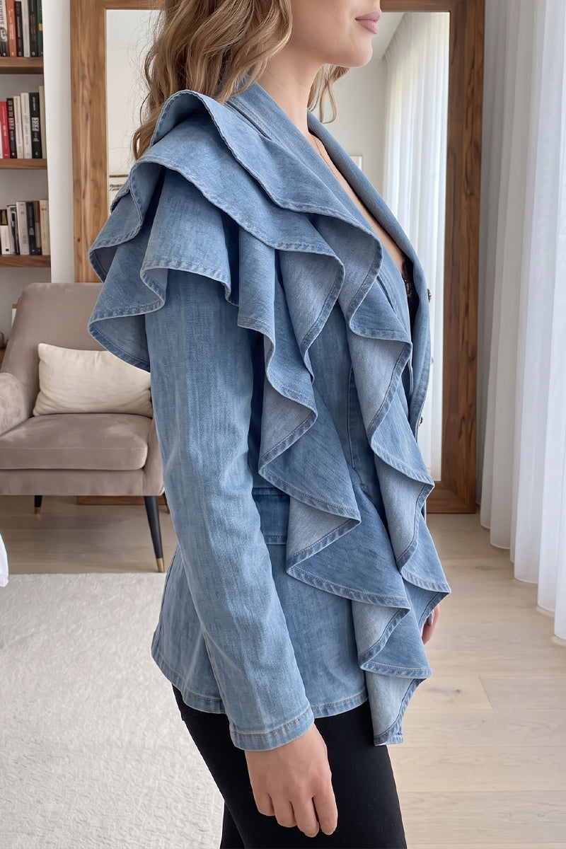 Women's Dramatic Asymmetrical Cascading Ruffle Denim Blazer