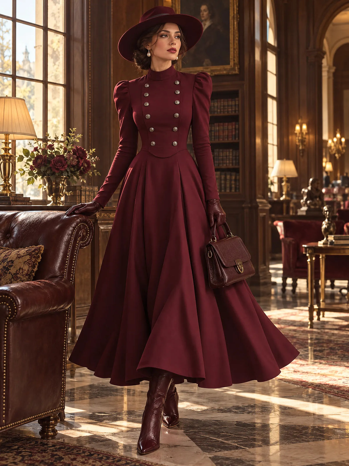 Retro Burgundy Stand Collar Puff Sleeve Maxi Dress with Double-Breasted Button