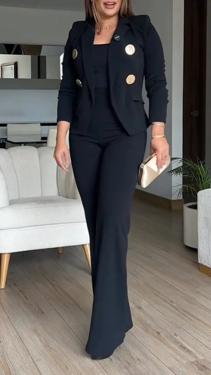 Women Collar Metal Buckle Decorative Top+ Pants Commuting Temperament Set