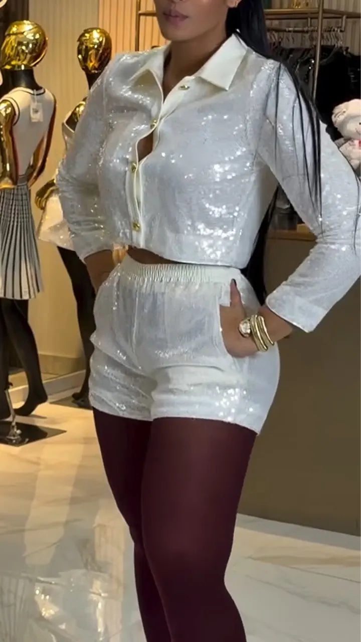 Women Collar Slim Flash Top+ Shorts Casual Suit