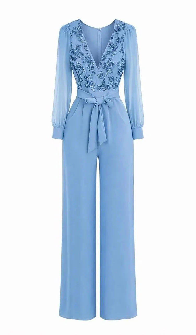 Women V-neck Sequin Patterned Casual Jumpsuit with Temperament