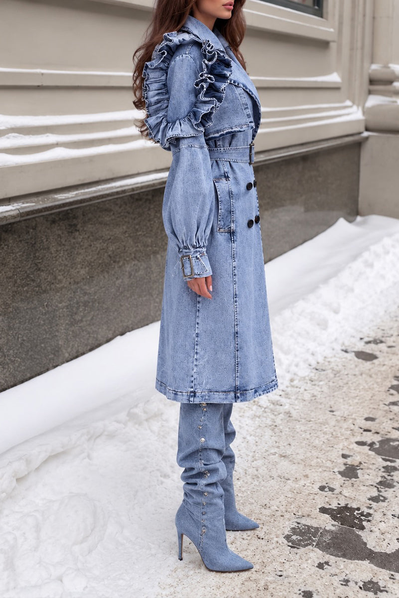 Women's Fashion Lapel Ruffle Decoration Double-Breasted Denim Coat