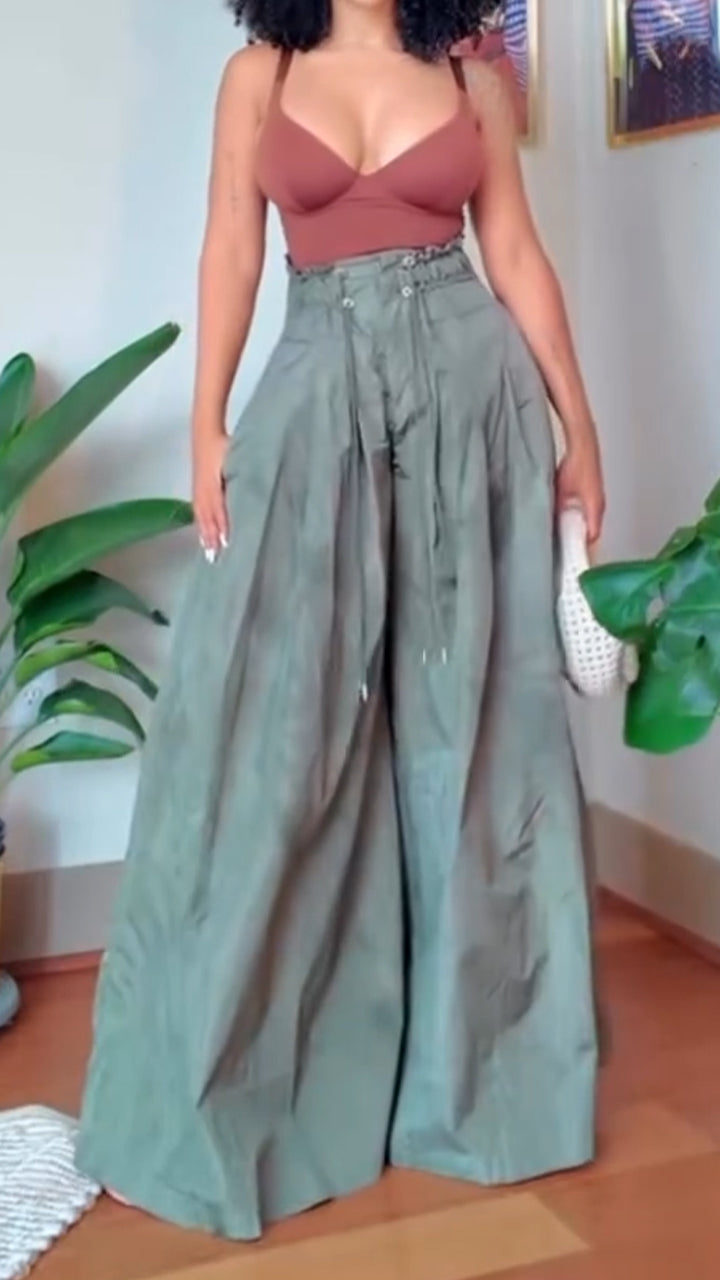 Women High Waisted Drawstring Casual Wide Leg Pants