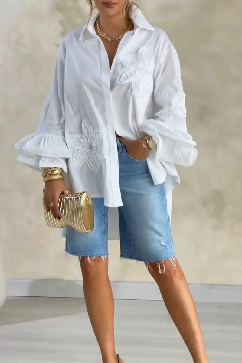 Women's Casual Loose Floral Decoration High Low Shirt