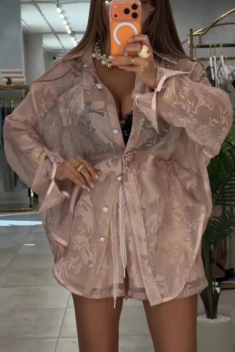 Women Collar See Through Printed Shirt + Shorts Casual Set