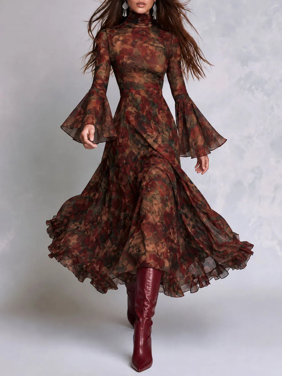 Boho Floral Print Mock Neck Bell Sleeve Ruffle Hem Midi Dress