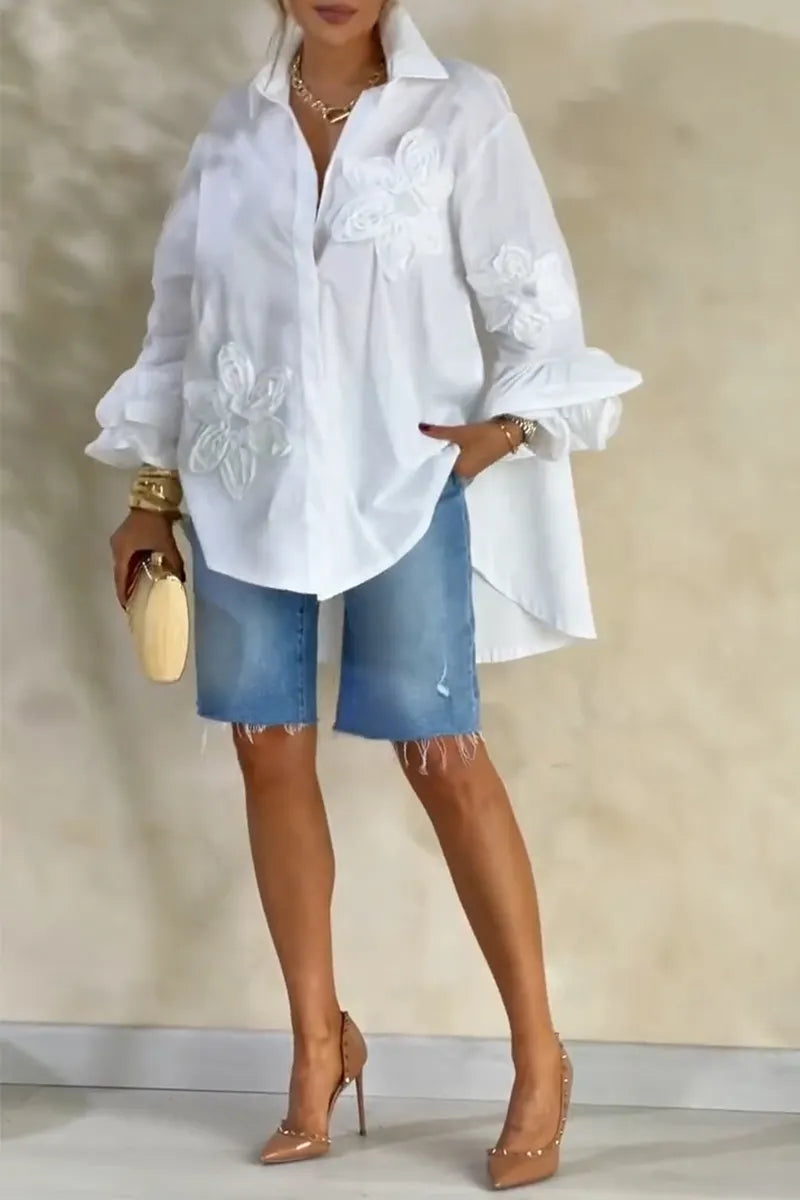 Women's Casual Loose Floral Decoration High Low Shirt