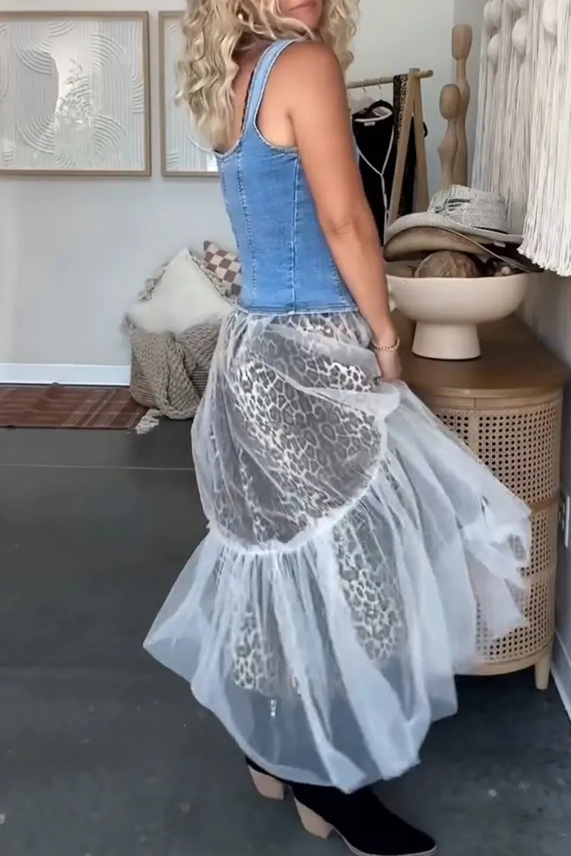 Women Casual Camisole Patchwork Leopard Print Dress or Denim Vest