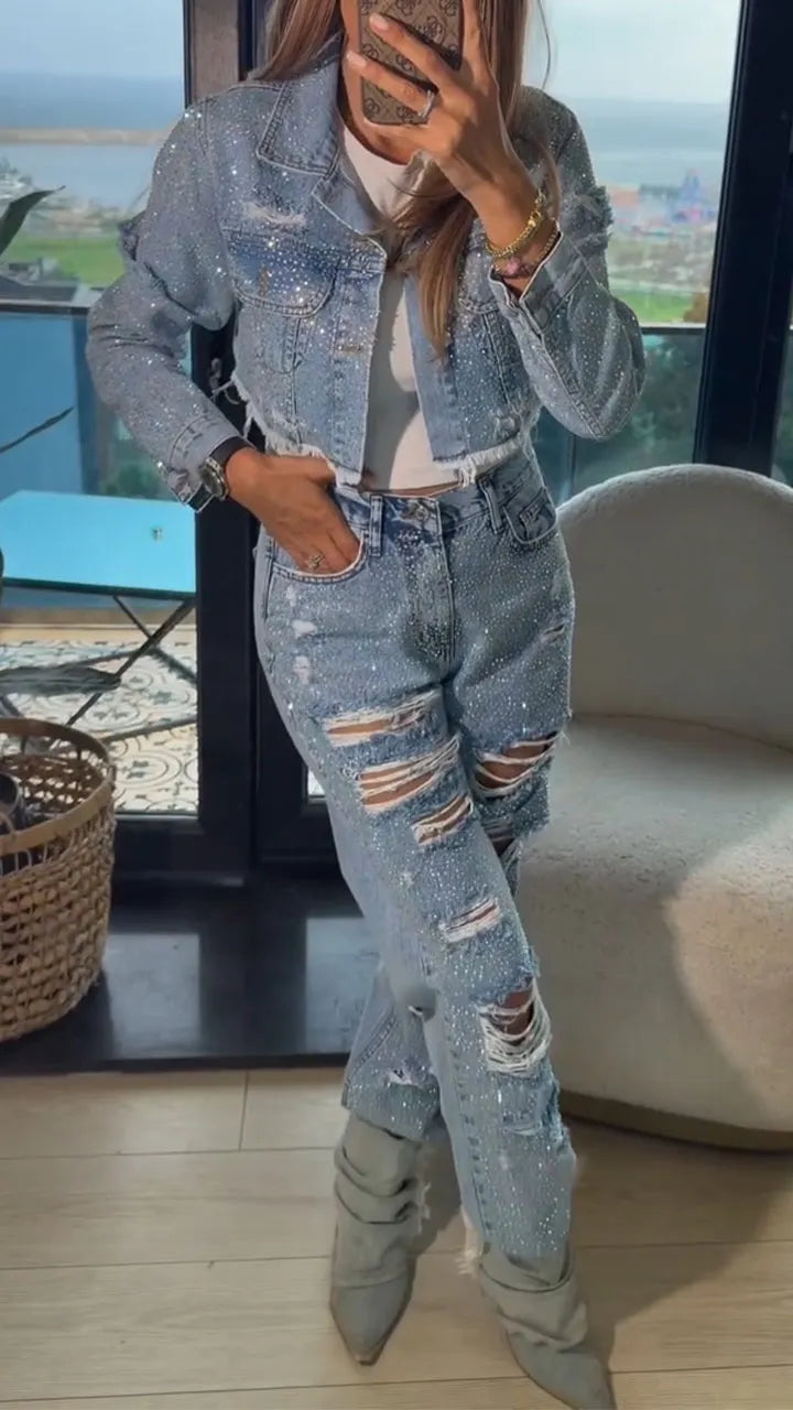 Women Collar Jacket+ Ripped Pants with Rhinestones Casual Denim Suit
