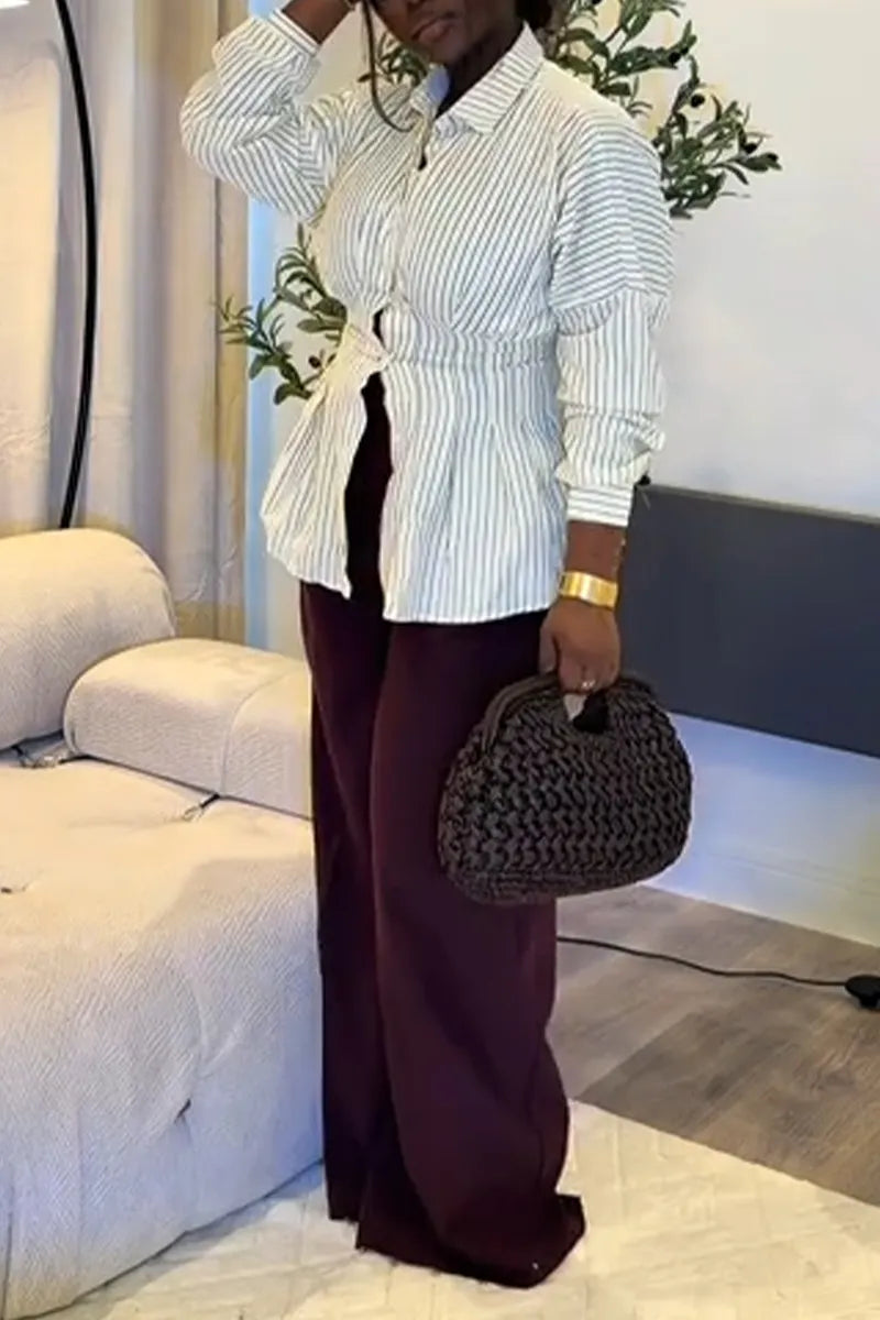Women Collar Vertical Stripe Casual Shirt or Wide Leg Pants