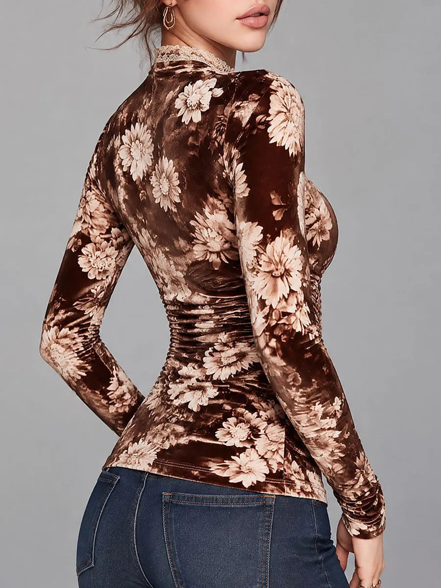 Retro Brown Floral Print Velvet Long Sleeve T-shirt with Lace Trim