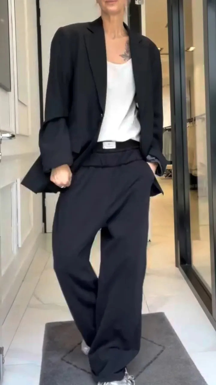 Women Lapel Jacket + Pants Solid Color Temperament Commuter Set