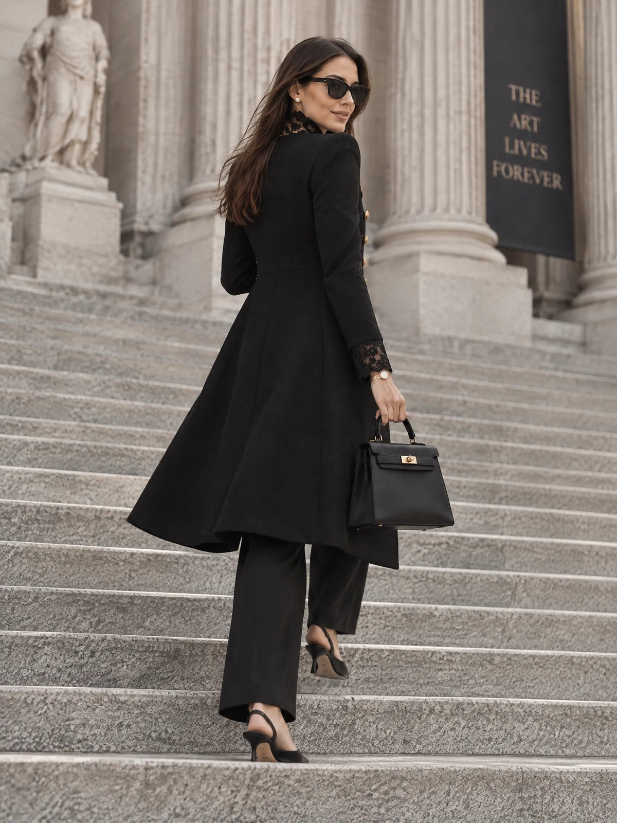 Black Military Lace-Trim Mid-length Wool Coat with Gold Buttons