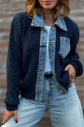 Women's Collar Denim Patchwork Casual Knit Jacket